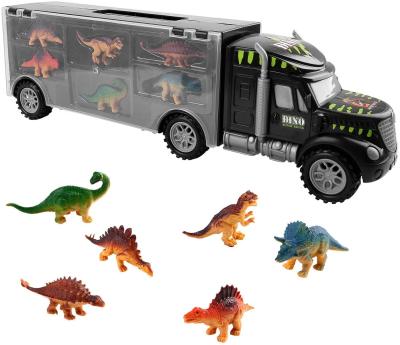 China Pull Back Die Cast Model Toy Car Puzzle Set Pretend Toy With Dinosaurs Diecast Car Six Wheels Dinosaur Truck Trailer for sale