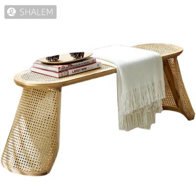 China Eco-Friendly Living Room Bench Furniture Naturalist Shalem Solid Wood And Rattan Made Stool Bed End Bench Swapping Shoe Stool for sale