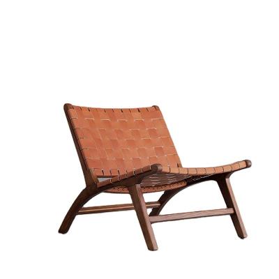 China Nordic Modern Leisure Leather Saddle Style Cooling Wooden Recliner Chair For Living Room Woven Outdoor Chair for sale