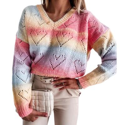 China OEM/ODM Hot Selling Rainbow Anti-pilling Gradient Sweaters Striped Girl Knit Loose V-Neck Lazy Women's Pullover Sweater Wind Sweaters for sale