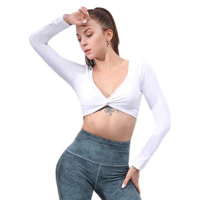 China Breathable New Design Wear White Double Side V-Neck Long Sleeved Fitness Sports Tops Yoga for sale