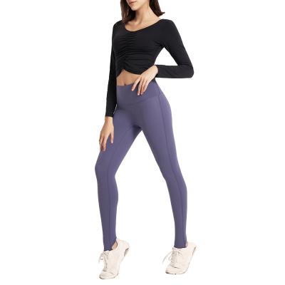 China Breathable Wholesale Woman Seamless Fitness Yoga Wear Ruched Long Sleeve Sport Crop Top for sale