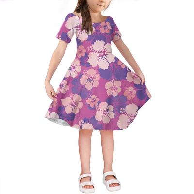 China Anti-wrinkle 2021 children clothes Hawaii style hibiscus print plus size dress kids clothes summer 2021 summer new purple and pink dress dresses for sale