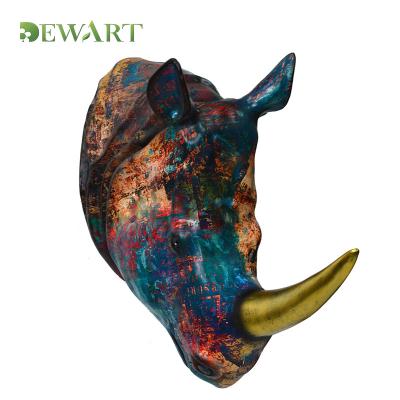 China Custom Europe Retro Wall Hung Sculpture Home Decor Wall Hanging Rhino Head Ornaments Statue Animals for sale