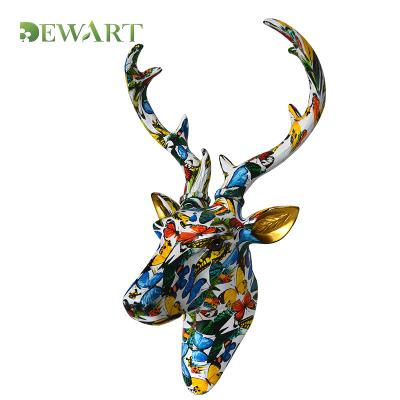 China Custom Europe Wall Decoration Elk Statue Modern Resin Animal Head Figurines Crafts Home Decor Wall Hung Deer Head Sculpture for sale