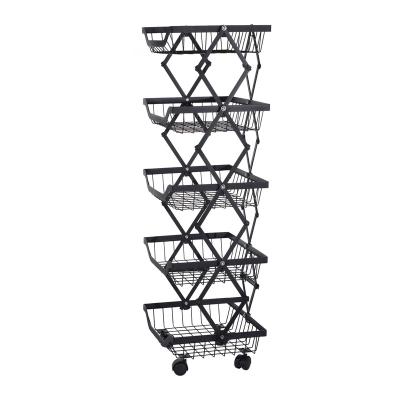 China 5 Tier Metal Wire Fruit Basket Kitchen Storage Cart Sustainable Modern Multifunctional Hanging Cart for sale