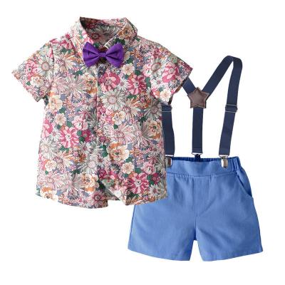 China Breathable Wholesale Summer new boy Cotton Beach Clothing Casual Flower Short Sleeves Shirt suspender short Shorts baby clothes set for sale