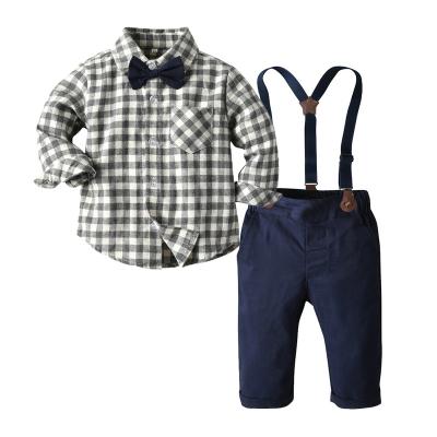 China Smart Casual Factory high quality Boutique 100% cotton plaid long sleeve shirt Suspender Pants Casual Shorts Suit Set Boys Boutique Outfits for sale