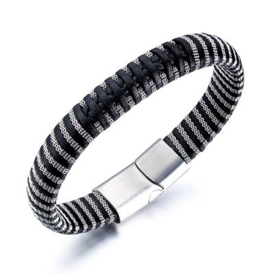 China High Quality Trendy 316L Stainless Steel Leather Bracelet Men Fashion Leather Bracelet for sale