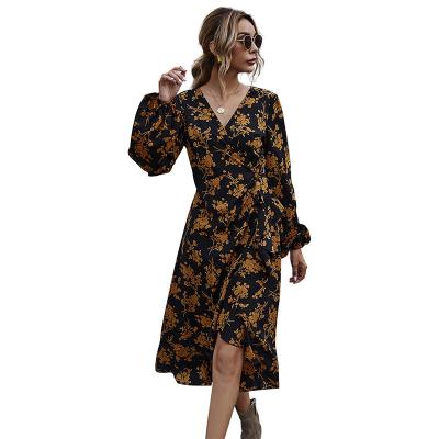 China Casual Outfits 2020 New Arrivals Breathable V-neck Women's Slim Lace-up Long Sleeve Dress for sale