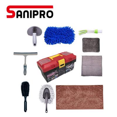 China Sanipro 10Pcs Car Cleaning Tools Kit Microfiber Portable Cleaning Cloth Wash Sponges Window Water Blade Tire Brush Kit for sale