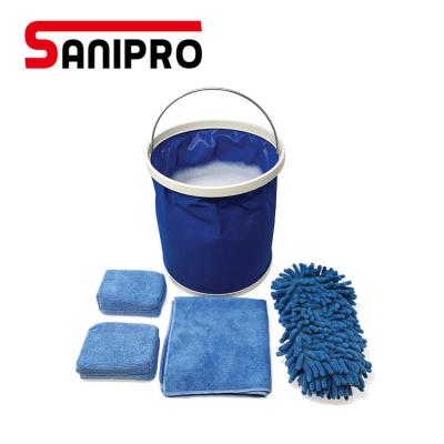 China Sanipro Handheld Portable Car Cleaning Microfiber Cloths Mop Cloth Tire Brush Window Water Squeegee Bucket Foldable Car Wash Kit for sale