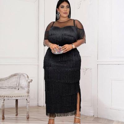 China Anti Wrinkle Stitching Multi Layer Tassels High Waist Wrap Hip Black Dress Women S M L XL XXL Plus Size Party Dress for sale