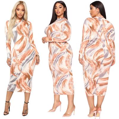 China Women Ladies Elegant Wholesale Anti-Static Casual Dresses Long Sleeve Striped Tie Dye Print Informal Plus Size Long Bodycon Dress for sale