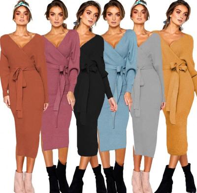 China Women's Knitted Autumn And Winter Sexy V-neck Breathable Lace-up Long Sleeve Dress The Long Sleeve Dress for sale