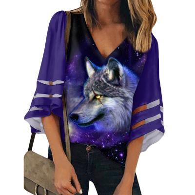 China Wholesale Autumn Breathable Clothing For Women Wild Animal Wolf Tiger Print Customized Women Elegant Blouses for sale