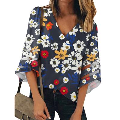 China Custom Made Breathable Hot Sale Women Shirts Blouses And Tops Flower Floral Print Women Clothing Fashion 2020 for sale