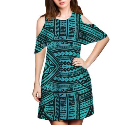 China 2021 Breathable Flower Fashion Shorts Floral Print Off Shoulder Mini Dress Party Women Casual Polynesian Clothing Hawaii for sale