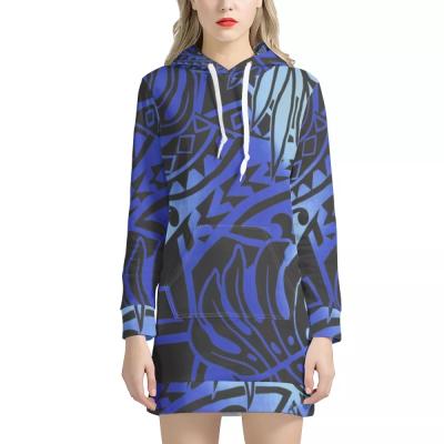 China Breathable Hot Sale Tribal Printed Casual Dress Blue Tropical Polynesian Leaves Hoodie Long Dress Oversized Long Sweater Dress for sale