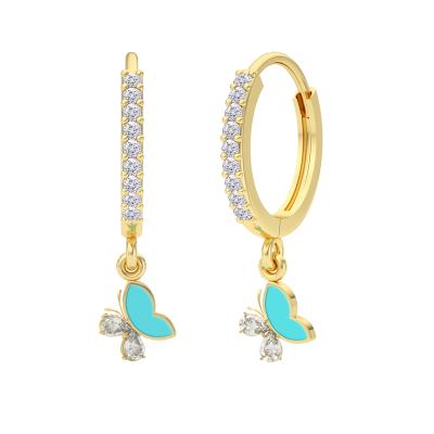 China FASHIONABLE Unique 18K Gold Design S925 Silvery Light Blue Butterfly Design ROXI Enamel Circle Huggie Dangle Earrings for sale