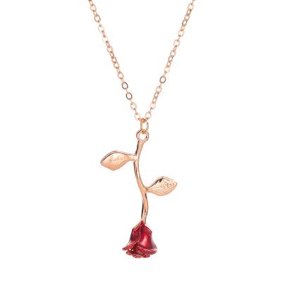 China TRENDY 18k Gold Plated Silver Red Rose Flower Necklace Pendant Jewelry Gift For Women Teen Girl for sale