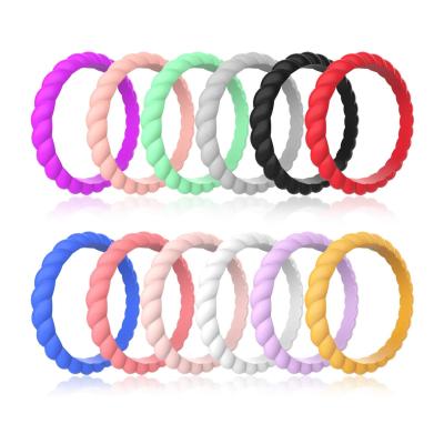 China FASHIONABLE Women Silicone Rubber Thin Minimalist Hypoallergenic Stackable Twisted Braided Wedding Bands Rings for sale