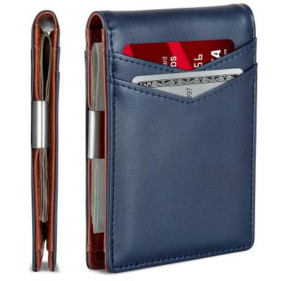 China Custom Genuine Leather Slim Logo Slim Carbon Fiber Bifold Money Clip Fashion Smart Pull Strap RFID Genuine Leather Wallet for sale