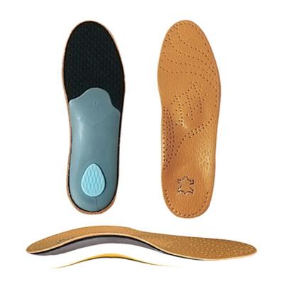 China High Arch Support Shock Absorption Orthopedic Flat Feet Arch Support Orthotic Genuine Leather Insole for Plantar Fasciitis for sale