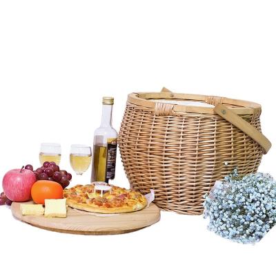 China Sustainable Beach Wooden Baskets Handle Round Wicker Customized Rattan Picnic Basket Lid Folding Woven Wooden Cover With Cooler Bag for sale