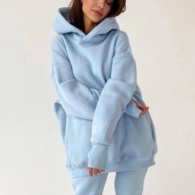 China Breathable Custom Made Casual Two Piece Long Sleeve Sport Solid Color Drawstring Hoodies Jogging Sets Women Set for sale