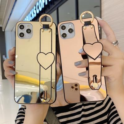 China Luxury Transparent Ultra Thin Soft Case Make Up Mirror With Heart Shape Hand Strap Back Protector Cover For iPhone for sale