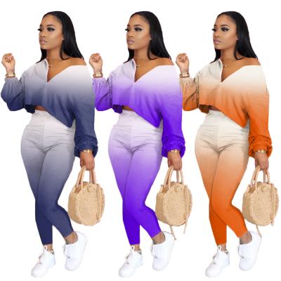 China W2397 Breathable Gradient Autumn Two Piece Set Women Clothing Loose Zipper Top Pants Club Outfits for sale