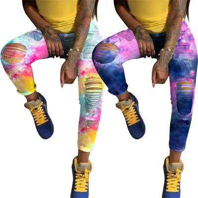 China W1023 Breathable Ripped Jeans Tie Dye Waist Jeans Women High Fashion Clothes Denim Pencil Pants Fashion Print Trousers for sale