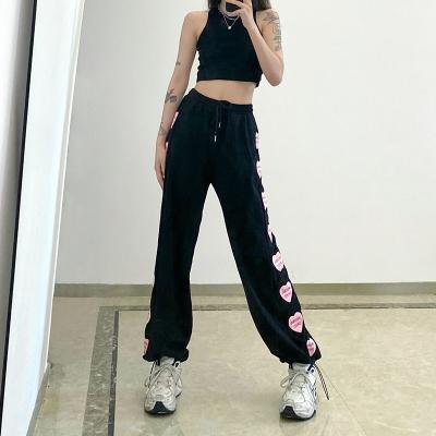 China Washable Pink Love Letter Print Hit Color New High-waist Straight-leg Pants 2021 Summer Lace-up Pants for sale