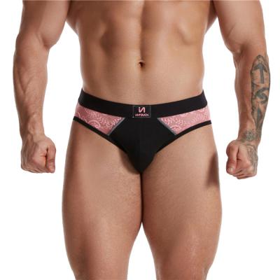 China OEM Men's Breathable Lace Pink Briefs Sexy Gay Underwear Sex Gay Boys See Underpants With Custom Logo for sale