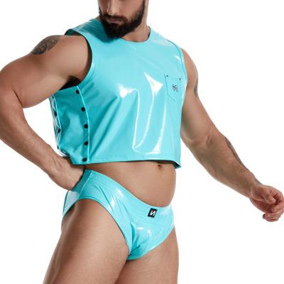 China Fashion Leather Fluorescence Blue Leather Men's PU Leather Open Back Sexy Underwear Boxer Shorts Open Back Sexy Underwear Boxer Shorts for sale