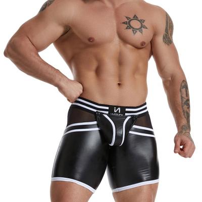 China Breathable Fashion Drawstring Boxer Briefs Mens Faux Leather Trunk Shorts Sexy Back Zipper Open Man Briefs Sex Boxer Briefs for sale