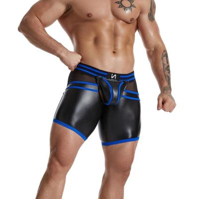 China Beachwear Thongs Trunks Breathable Gay Sexy Zipper Back Underwear Black Open Back Boxers Briefs Faux PU Leather Boxer Shorts Biker Shorts for sale