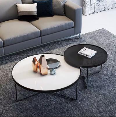 China 2021 New Fashion Nordic Modern Home Furniture Black Modern Minimalist Round Iron Tempered Stone Back Agglomerated Coffee Table Frame Sets for sale