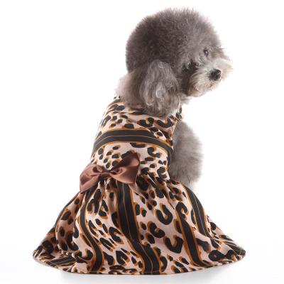 China Viable Custom Wholesale Pet Clothes Summer Pet Apparel Bow Leopard Print Striped Dog Dress For Small Dogs for sale