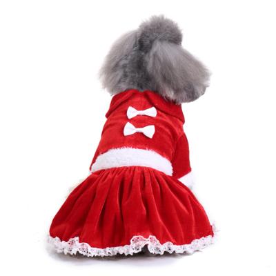 China New Sustainable Winter Christmas Pet Apparel Custom Puppy Clothes Warm Bow Lace Dog Christmas Dress for sale