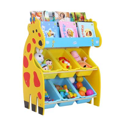 China Giraffe modern style furniture bedroom kids toy shelf kids wooden cabinet with plastic storage box for sale for sale