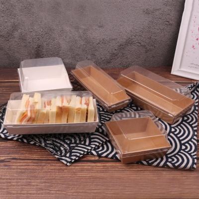 China Recycled Materials Cake Bread Snack Bakery Food Packing Square Kraft Paper Box Sandwich Wrap Rectangular Box With Plastic Clear Lids for sale