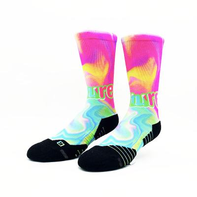 China Novelty QUICK DRY Unisex Custom Logo Rainbow Polyester Colorful Crew Length Sports Style Print Socks for sale