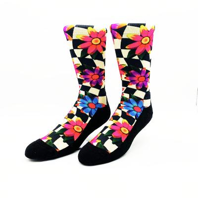 China QUICK DRY men and women custom design 360 print sublimation polyester crew length digital flower socks custom made for sale