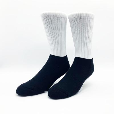 China Free Sample QUICK DRY High Quality Polyester White Half Black Half Crew Socks With Cushion For Printing And Sublimation Socks for sale