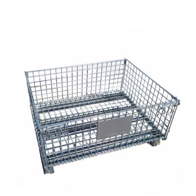 China Stackable Galvanized Zinc Steel Collapsible Stackable Wire Mesh Storage Pallet Cage Rolling Container For Warehouse for sale