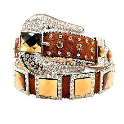 China Crystal Bling Women's Western Belt Brown Studded Rhinestone Horsehair Cowgirl Belt Western Cowgirl Belt for sale