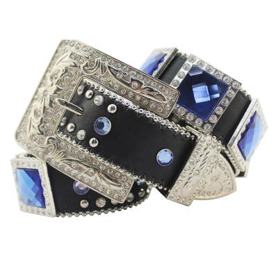 China Western Rhinestone Belt Western Cowgirl Studded Belt Crystal Black Leather Square Concho for sale