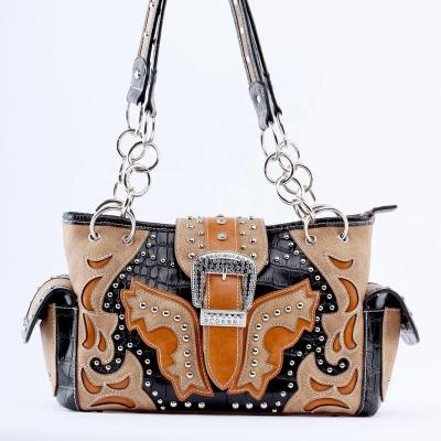 China Western Fashion Cowgirl Handbags Rhinestone Leather Butterfly Hide Carry Top Handle Purse Buckle Handbag For Women for sale